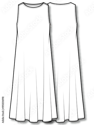 Womens sleeveless flared maxi dress technical flat fashion sketch vector template illustration front and back view A line minimal elegant apparel CAD drawing design mockup concept
