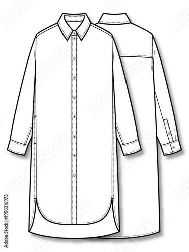 Womens midi shirt dress technical flat fashion sketch vector template illustration front and back view button down long shirt style casual elegant apparel CAD drawing design mockup concept
