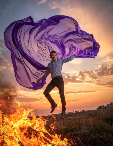 Jumping over a fire with a purple cloak