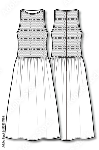 Womens textured midi gathered dress technical flat fashion sketch vector template illustration front and back view sleeveless mixed fabric elegant apparel CAD drawing design mockup concept
