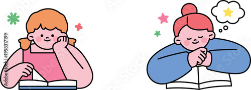 Two children engrossed in reading books with different emotional reactions