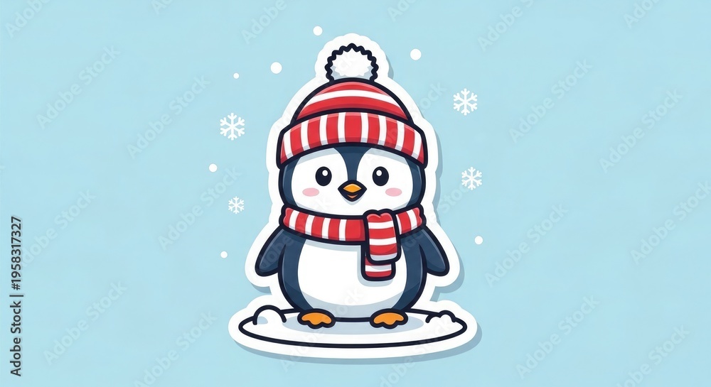 Naklejka premium Adorable cartoon penguin wearing red striped hat scarf standing on snow with falling snowflakes around winter scene