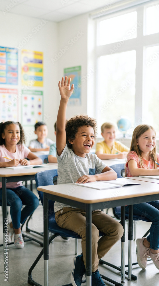 Obraz premium Happy Elementary School Boy Raising Hand in Bright Modern Classroom