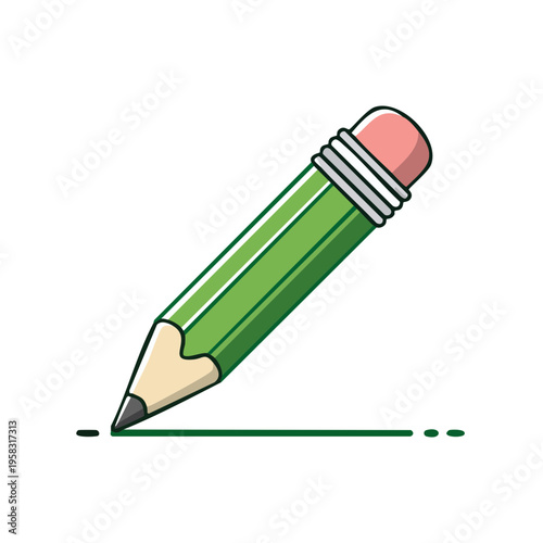 Green pencil drawing a line with an eraser on top for writing and drawing