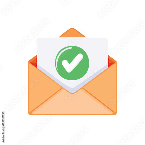 Open email envelope with green checkmark on paper, communication confirmation icon