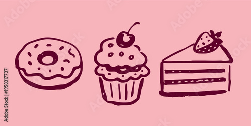 Dessert doodle icon set hand drawn vector illustration