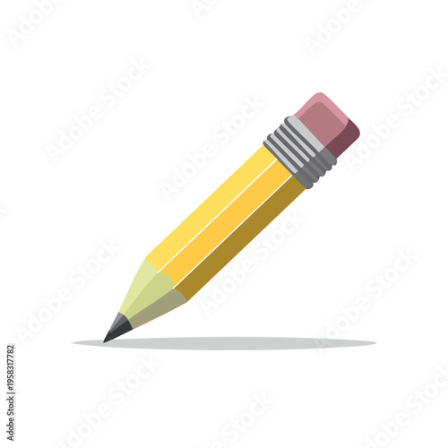 Yellow pencil with pink eraser drawing a shadow on white