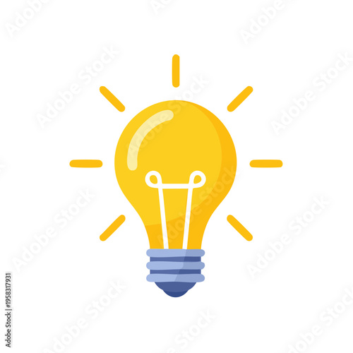 Bright glowing yellow light bulb with radiating light rays symbolizing an idea