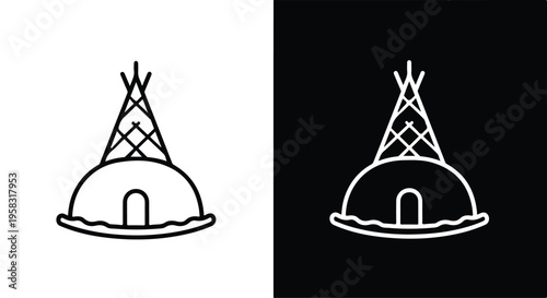 Simple line drawings of a teepee on white and black backgrounds, with a minimalist design and contrasting color schemes.