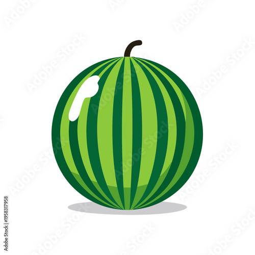 Green striped whole watermelon fruit with a smooth shiny surface and a short stem