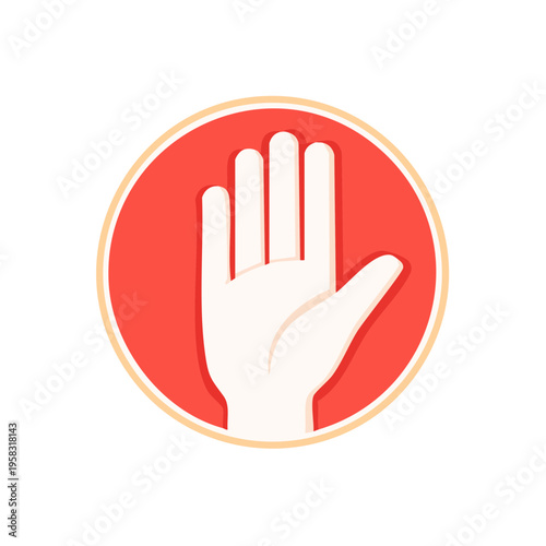 Stylized flat design hand raised within a red circle with a light border