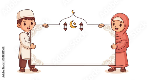 Two Muslim children holding a blank sign with Ramadan lanterns and a crescent moon in a colorful illustration with a festive and celebratory mood.
