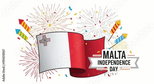 Malta Independence Day Celebration Banner with Flag and Fireworks