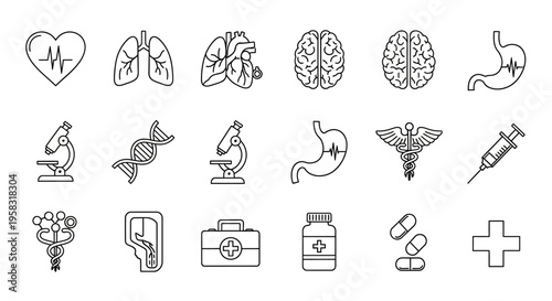 Extensive Medical Healthcare, Human Anatomy, and Scientific Outline Icons Set, isolated white background.