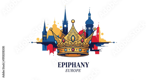 Golden Crown with European Skyline Silhouette and "Epiphany" Text