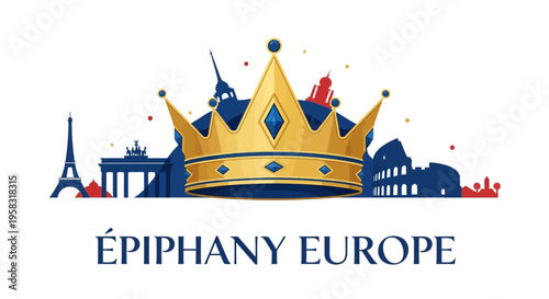 Golden Crown with European Landmarks Silhouette, Epiphany Europe