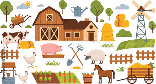 Farm life illustration set with barn animals crops tools windmill and rural countryside elements for agriculture and farming collection