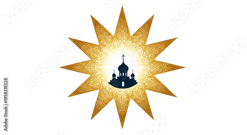 Golden Starburst with Orthodox Church Silhouette and Cross