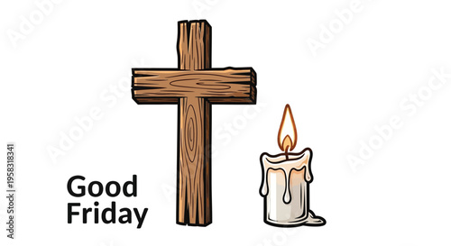 Good Friday wooden cross and lit candle, religious symbol of sacrifice and hope