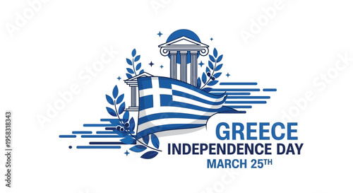 Greece Independence Day March 25th Celebration with Greek Flag and Ancient Architecture