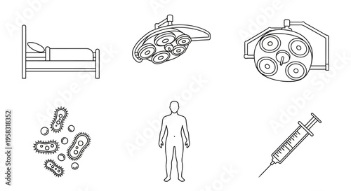 Hospital Environment, Medical Procedures, and Human Health Outline Icons, isolated white background.