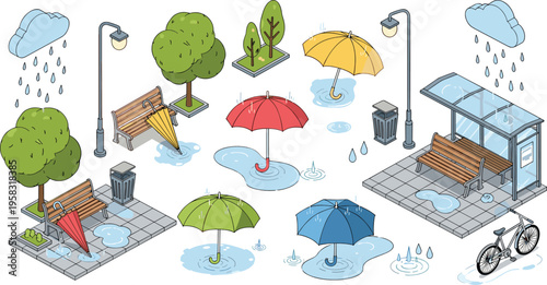 Rainy city park isometric illustration set with umbrellas benches street lights bus stop puddles trees and urban weather scenes collection