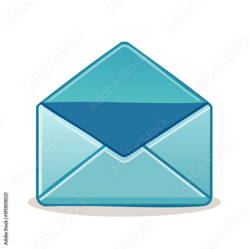 Open teal envelope with blue flap shown from the front isolated on a light blue background