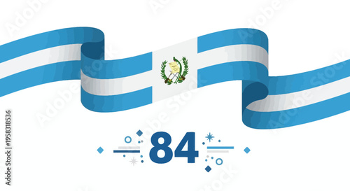 Guatemala Flag Waving Ribbon Banner with Number 84 and Stars