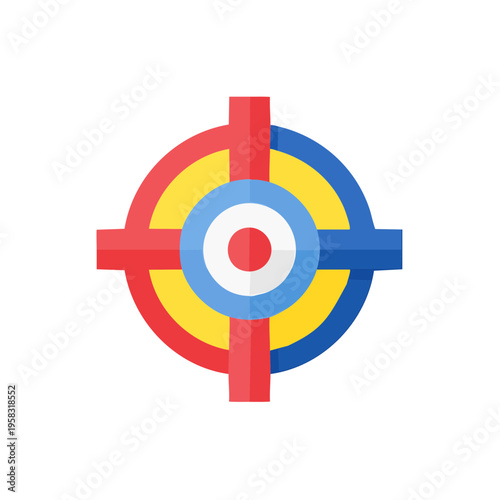 Target symbol with red blue yellow and white concentric circles and crosshairs