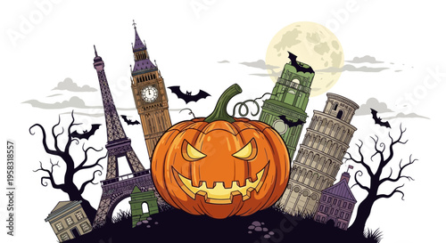 Halloween Celebration Around the World: Jack-o-lantern with Famous Landmarks