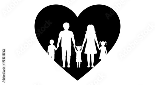 Loving family silhouette (father, mother, children) standing together inside a heart shape, symbolizing family bond and love, isolated white background.