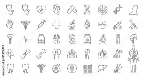 Extensive collection of medical and healthcare outline icons for various concepts, tools, organs, and treatments, isolated white background.