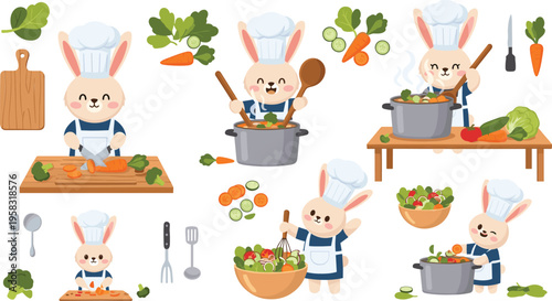 Cute bunny chef cooking illustration set with rabbits preparing vegetables soup salad and healthy food in kitchen cartoon characters