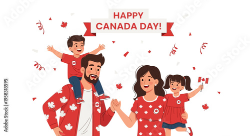 Happy Canada Day Family Celebration with Maple Leaves and Confetti