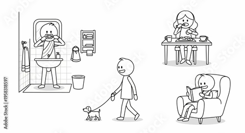 Stick figures engaged in daily routines like brushing teeth, walking a dog, eating, and reading, isolated white background.