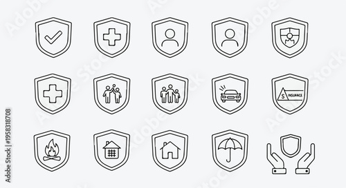 A collection of various icons depicting symbols of security, healthcare, and protection, arranged in rows on a clean white background with a minimalist design style and a neutral color