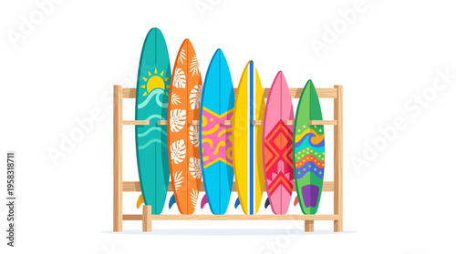 Colorful Surfboards Lined Up on a Wooden Rack.