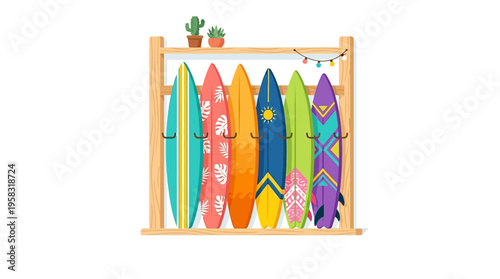 Colorful Surfboards Lined Up on a Wooden Rack.