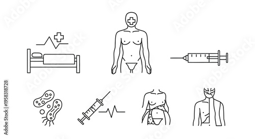 Set of human body and medical treatment icons, showing full body outlines, torso, syringe, and heartbeat line, isolated white background.