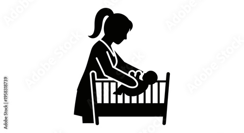 Loving mother caring for her baby in a crib, a tender silhouette depicting early childhood care, isolated white background.