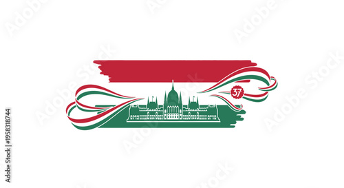 Hungarian Parliament Building with National Flag and Ribbons