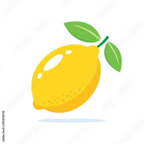 Bright Yellow Lemon with Green Leaves and Stem Stylized Vector Illustration
