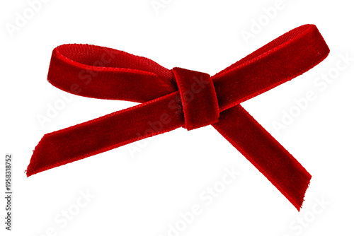 A charming bow made from textured red velvet ribbon, tied with a knot, isolated on a white background. Perfect for adding a touch of soft elegance