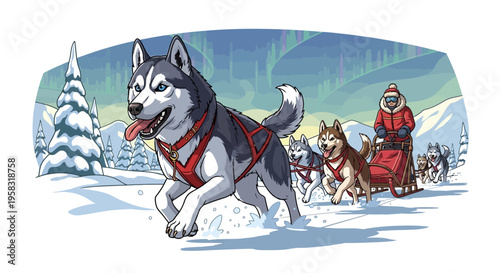 Husky Sled Dogs Pulling Sled Through Snowy Landscape