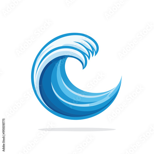 Stylized Blue Ocean Wave Breaking with Foamy Crest and Curl