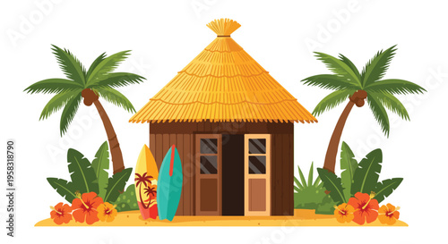 Illustration of a tropical hut with a thatched roof and palm trees, featuring a surfboard and flowers in a colorful and vibrant setting.