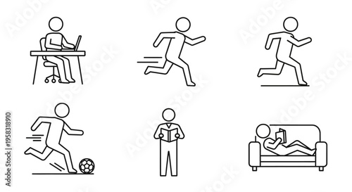 Set of Black Line Art Icons Depicting Daily Activities for a Man in an Isolated White Background