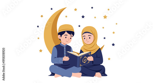 Illustration of a boy and a girl in traditional attire reading a book together under a crescent moon and stars on a white background.