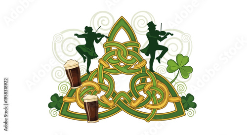 Irish Celtic Knot with Dancers, Fiddlers, Beer & Shamrocks