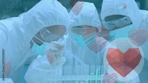 Animation of heart icons over diverse scientists with pipette